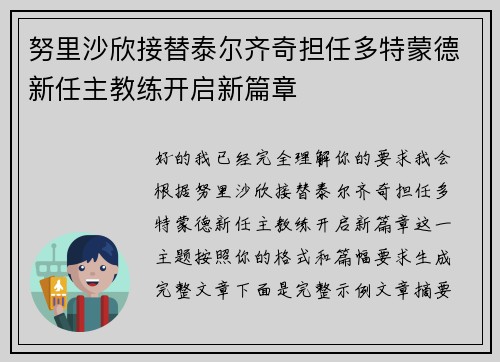 努里沙欣接替泰尔齐奇担任多特蒙德新任主教练开启新篇章